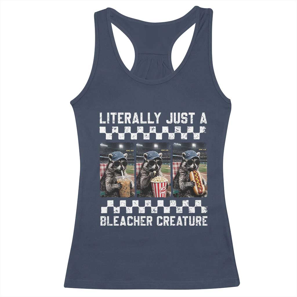 Baseball Raccoon Literally Just a Bleacher Creature Racerback Tank Top Funny Trash Panda At Ballfield