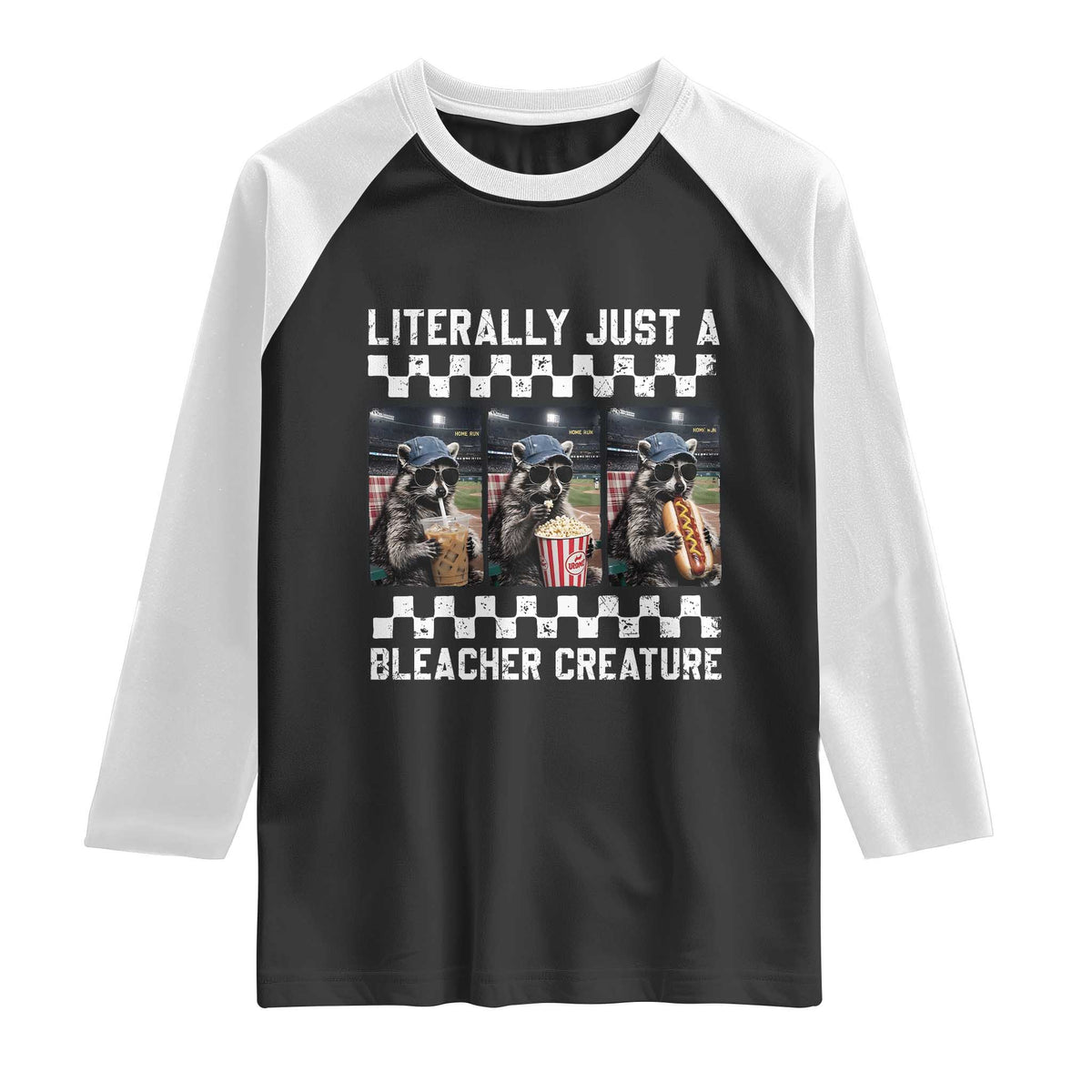 Baseball Raccoon Literally Just a Bleacher Creature Raglan Shirt Funny Trash Panda At Ballfield