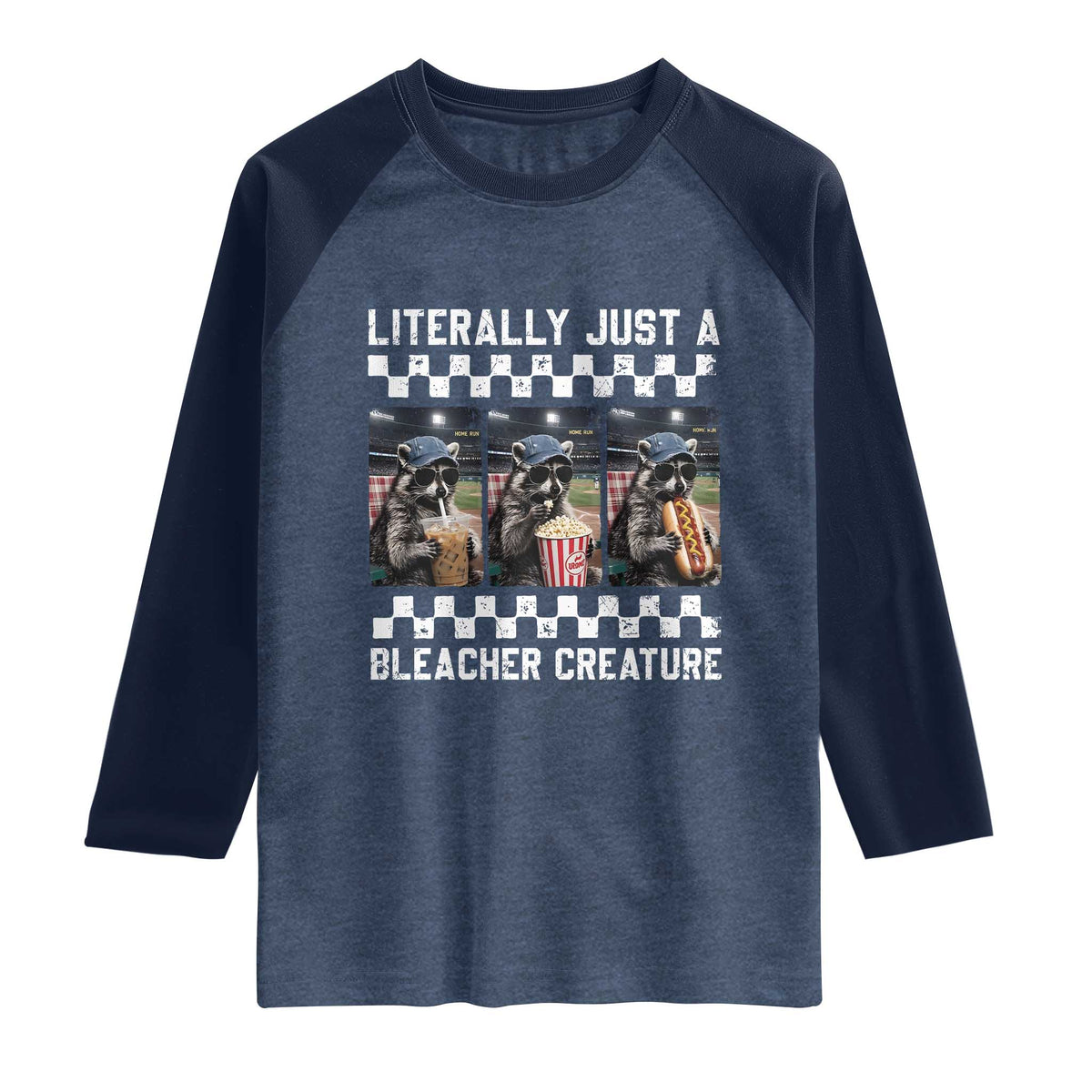 Baseball Raccoon Literally Just a Bleacher Creature Raglan Shirt Funny Trash Panda At Ballfield