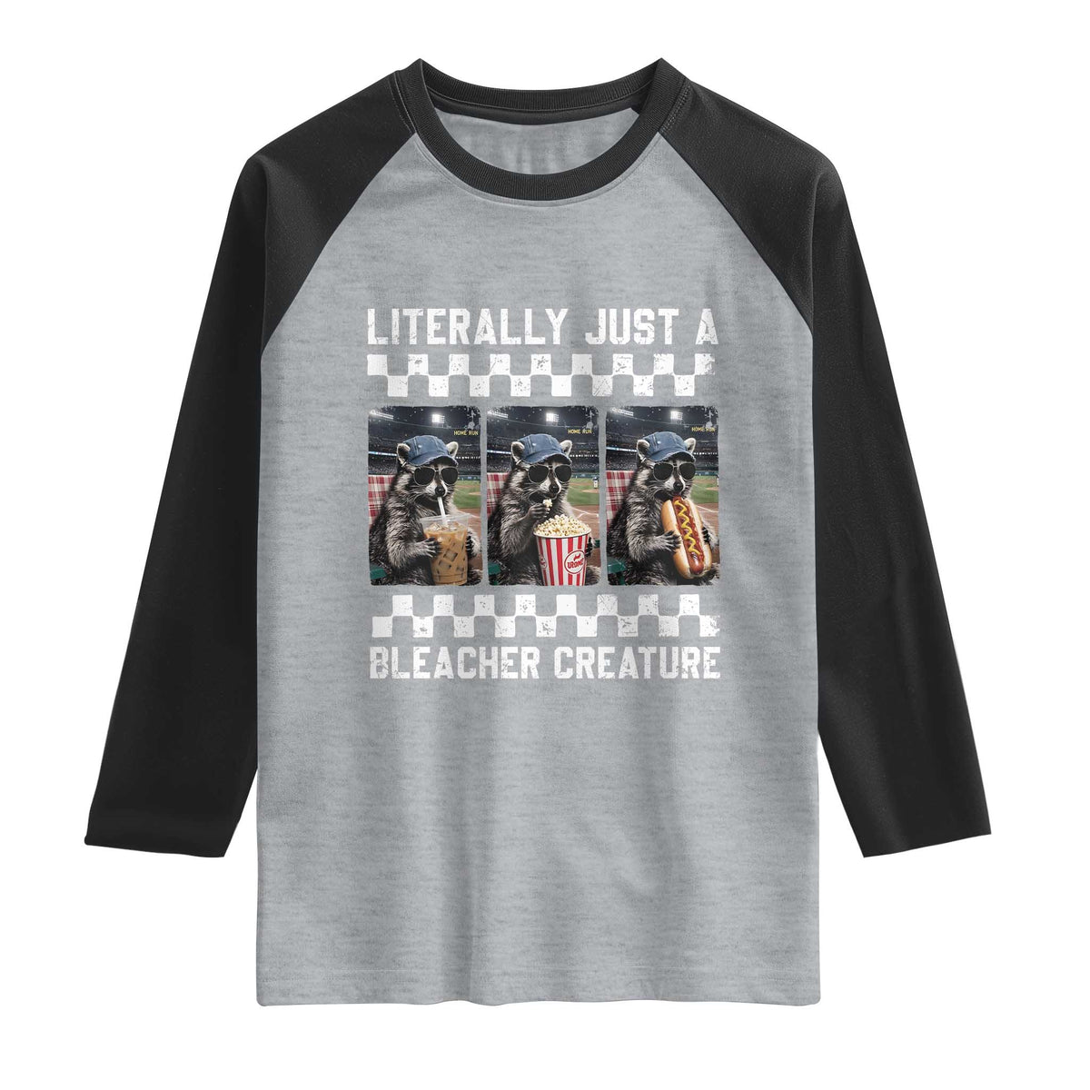 Baseball Raccoon Literally Just a Bleacher Creature Raglan Shirt Funny Trash Panda At Ballfield