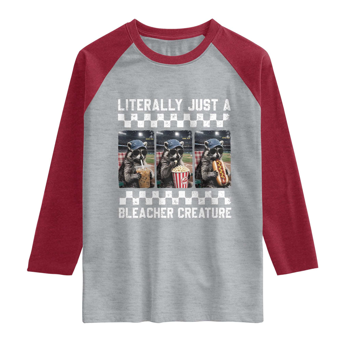 Baseball Raccoon Literally Just a Bleacher Creature Raglan Shirt Funny Trash Panda At Ballfield