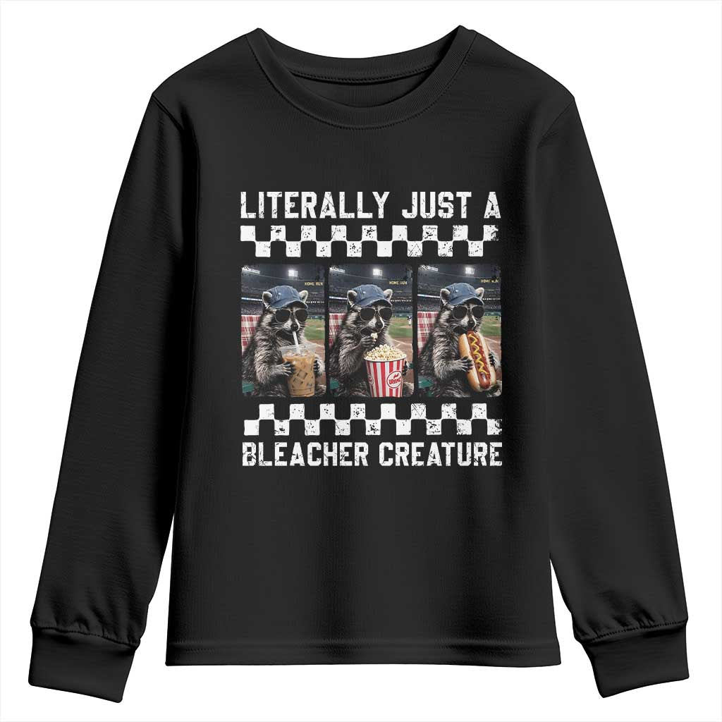 Baseball Raccoon Literally Just a Bleacher Creature Youth Sweatshirt Funny Trash Panda At Ballfield