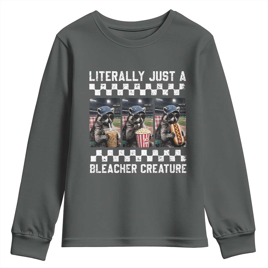 Baseball Raccoon Literally Just a Bleacher Creature Youth Sweatshirt Funny Trash Panda At Ballfield