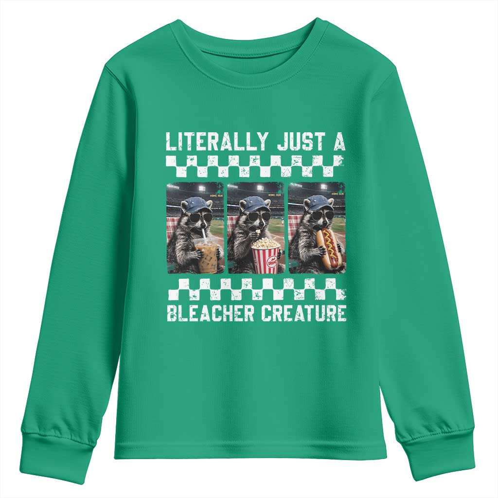 Baseball Raccoon Literally Just a Bleacher Creature Youth Sweatshirt Funny Trash Panda At Ballfield