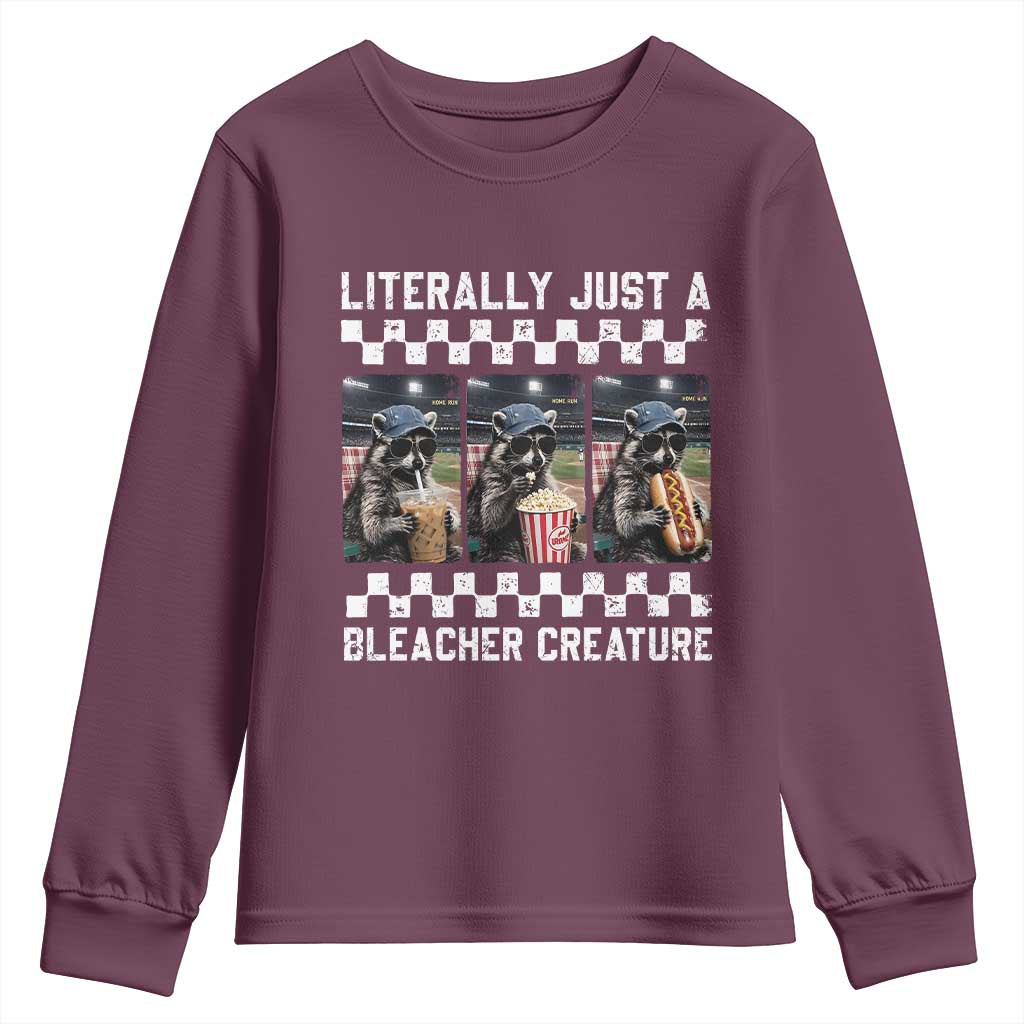 Baseball Raccoon Literally Just a Bleacher Creature Youth Sweatshirt Funny Trash Panda At Ballfield