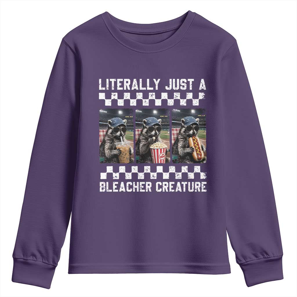 Baseball Raccoon Literally Just a Bleacher Creature Youth Sweatshirt Funny Trash Panda At Ballfield