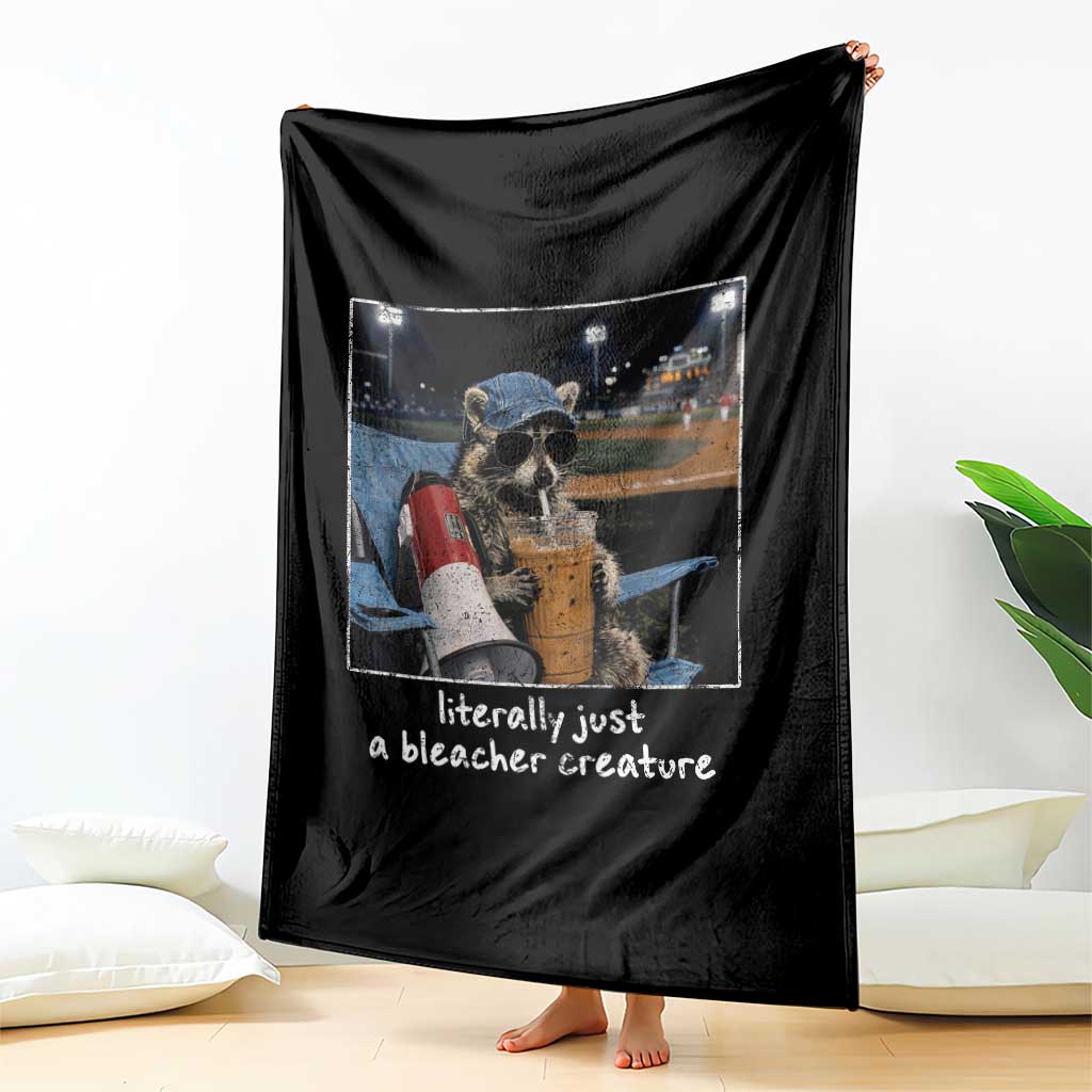 Baseball Raccoon Literally Just a Bleacher Creature Throw Blanket Funny Trash Panda Drinking Iced Coffee Ballfield