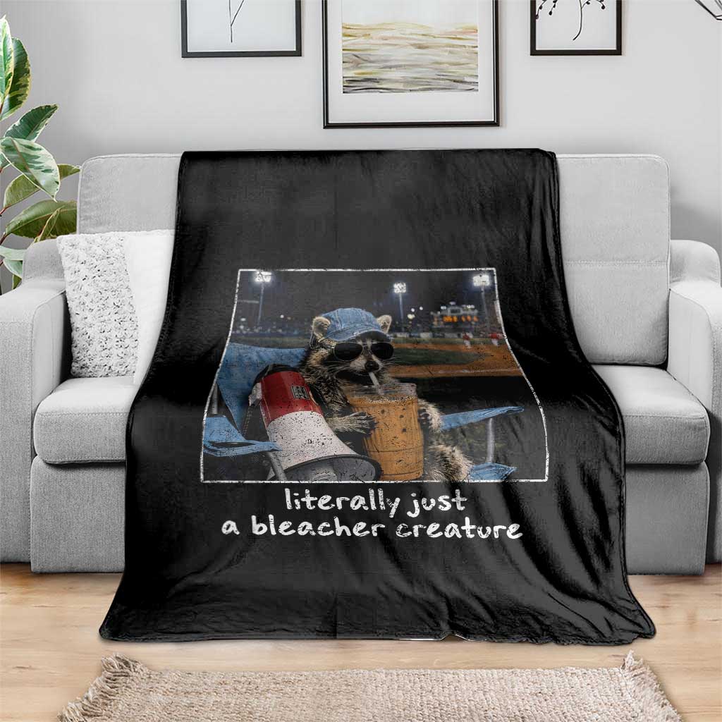 Baseball Raccoon Literally Just a Bleacher Creature Throw Blanket Funny Trash Panda Drinking Iced Coffee Ballfield