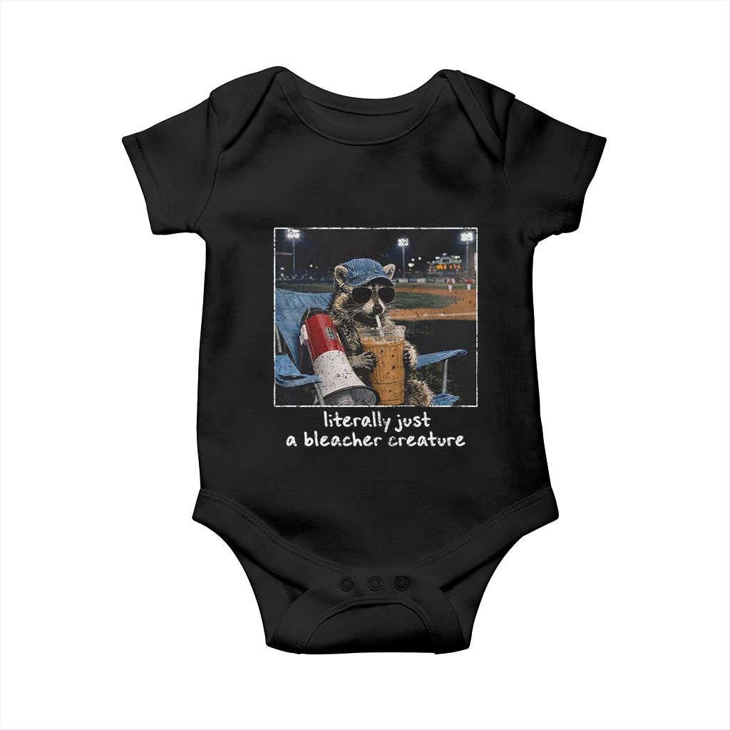 Baseball Raccoon Literally Just a Bleacher Creature Baby Onesie Funny Trash Panda Drinking Iced Coffee Ballfield