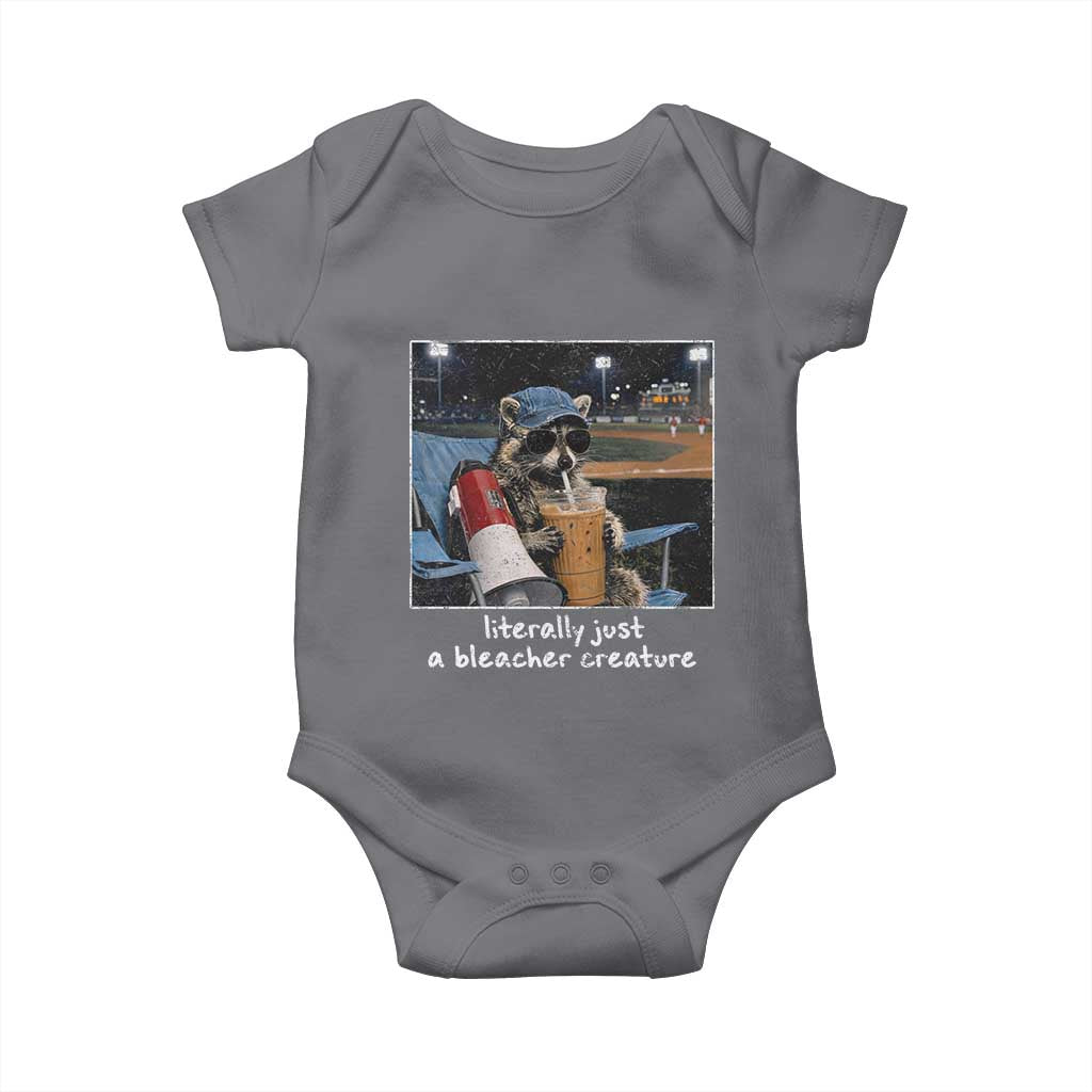 Baseball Raccoon Literally Just a Bleacher Creature Baby Onesie Funny Trash Panda Drinking Iced Coffee Ballfield