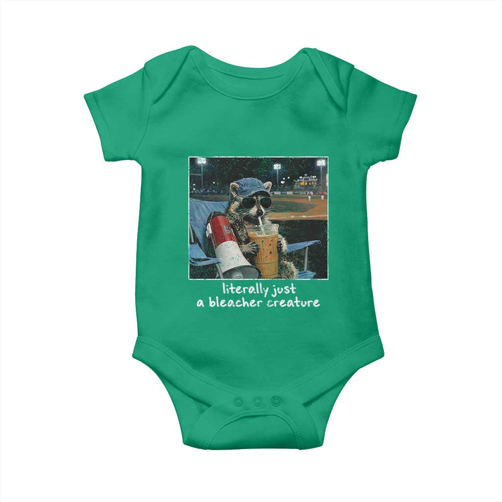 Baseball Raccoon Literally Just a Bleacher Creature Baby Onesie Funny Trash Panda Drinking Iced Coffee Ballfield