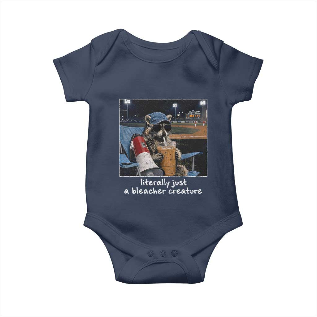 Baseball Raccoon Literally Just a Bleacher Creature Baby Onesie Funny Trash Panda Drinking Iced Coffee Ballfield