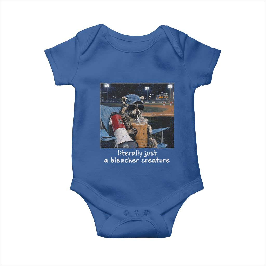 Baseball Raccoon Literally Just a Bleacher Creature Baby Onesie Funny Trash Panda Drinking Iced Coffee Ballfield