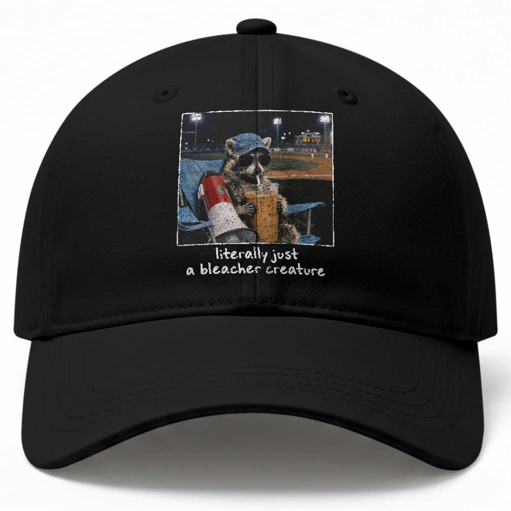 Baseball Raccoon Literally Just a Bleacher Creature Baseball Cap Funny Trash Panda Drinking Iced Coffee Ballfield