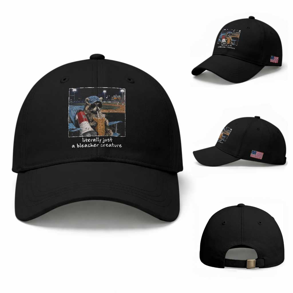 Baseball Raccoon Literally Just a Bleacher Creature Baseball Cap Funny Trash Panda Drinking Iced Coffee Ballfield