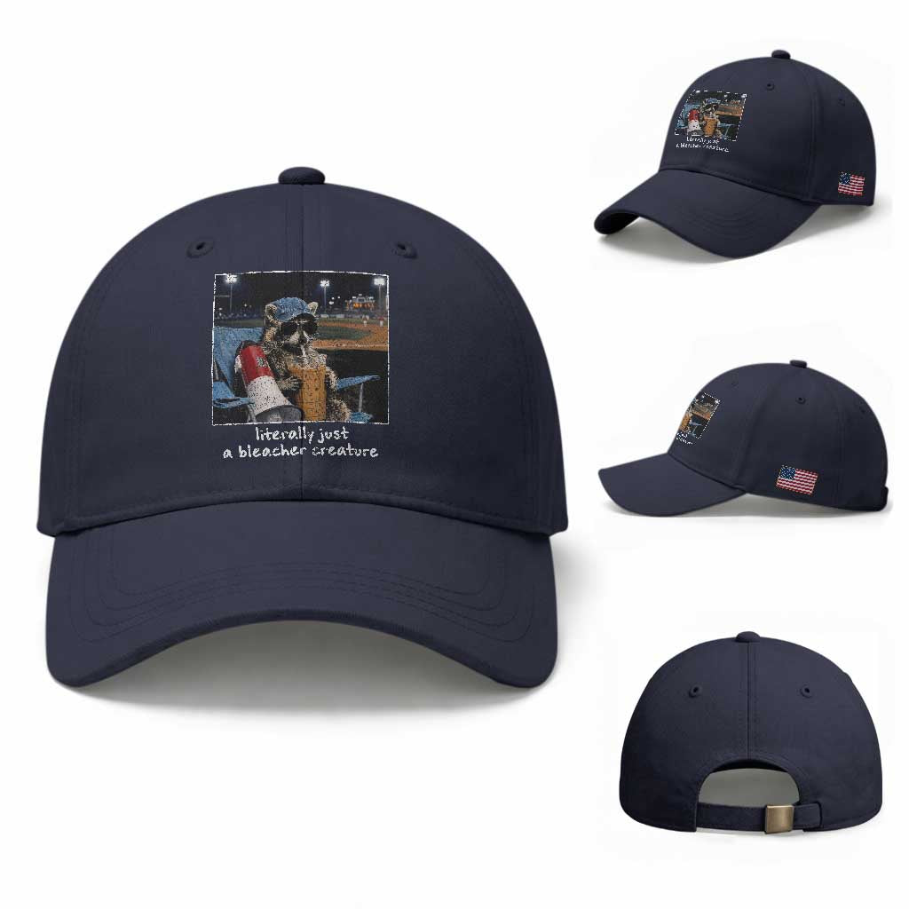 Baseball Raccoon Literally Just a Bleacher Creature Baseball Cap Funny Trash Panda Drinking Iced Coffee Ballfield