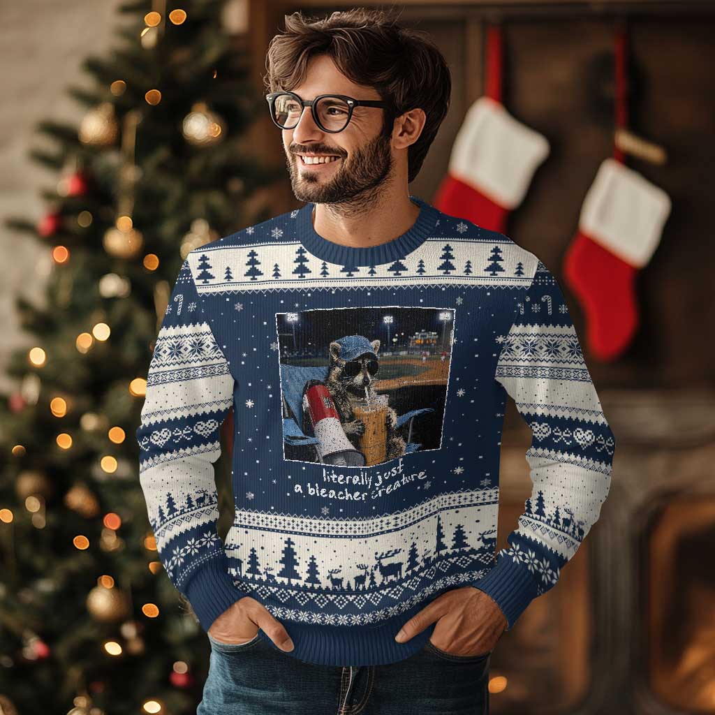 Baseball Raccoon Literally Just a Bleacher Creature Ugly Christmas Sweater Funny Trash Panda Drinking Iced Coffee Ballfield