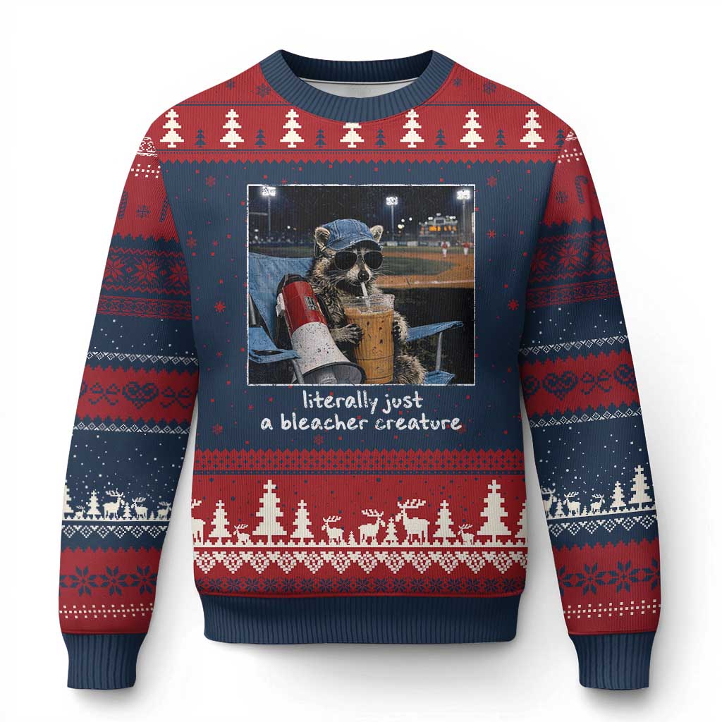 Baseball Raccoon Literally Just a Bleacher Creature Ugly Christmas Sweater Funny Trash Panda Drinking Iced Coffee Ballfield