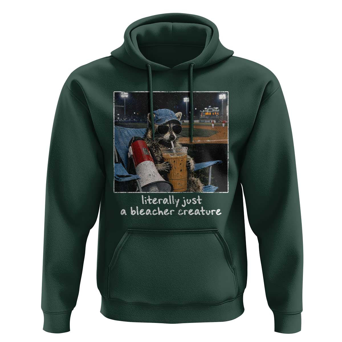 Baseball Raccoon Literally Just a Bleacher Creature Hoodie Funny Trash Panda Drinking Iced Coffee Ballfield
