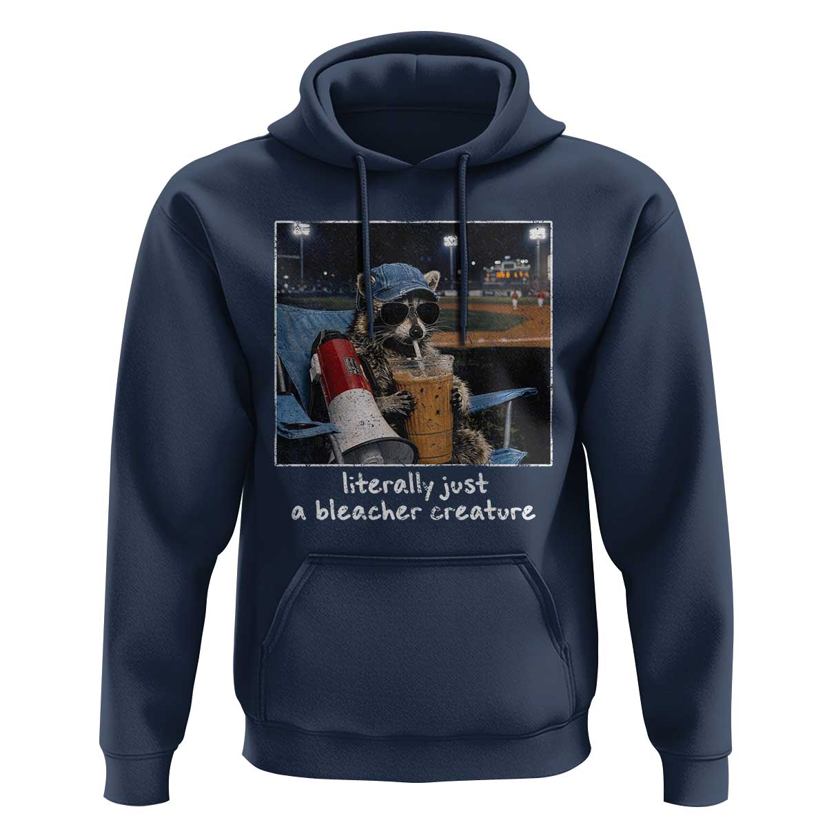Baseball Raccoon Literally Just a Bleacher Creature Hoodie Funny Trash Panda Drinking Iced Coffee Ballfield