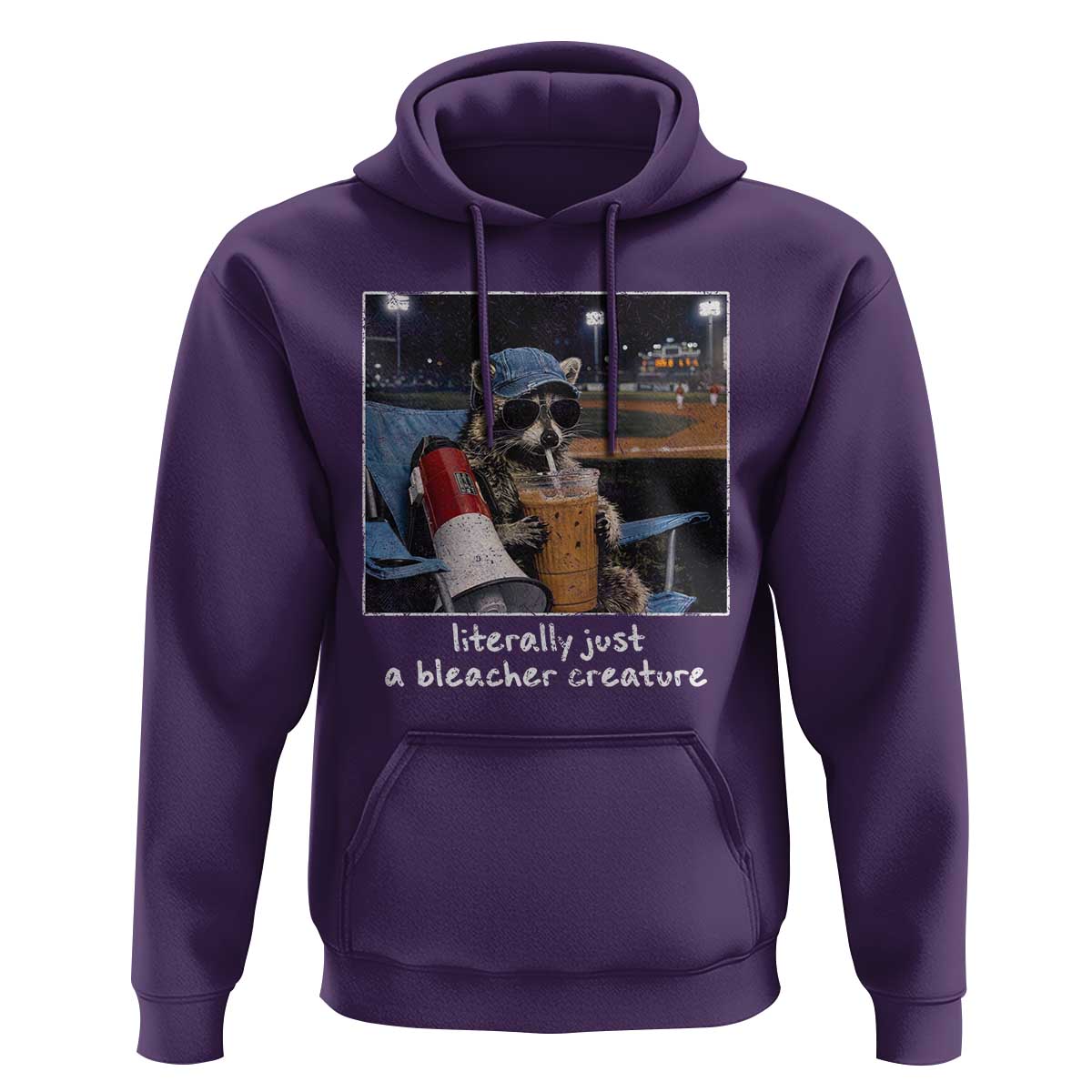 Baseball Raccoon Literally Just a Bleacher Creature Hoodie Funny Trash Panda Drinking Iced Coffee Ballfield