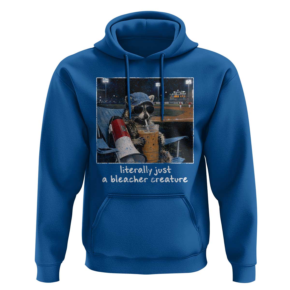 Baseball Raccoon Literally Just a Bleacher Creature Hoodie Funny Trash Panda Drinking Iced Coffee Ballfield