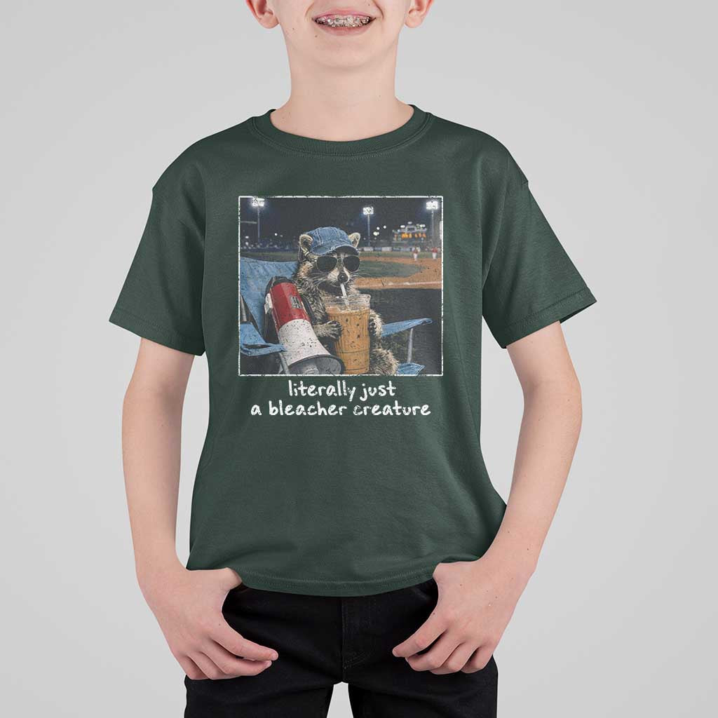 Baseball Raccoon Literally Just a Bleacher Creature T Shirt For Kid Funny Trash Panda Drinking Iced Coffee Ballfield