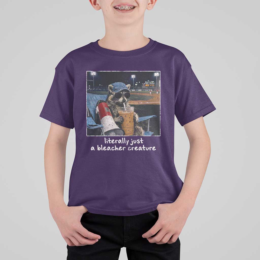 Baseball Raccoon Literally Just a Bleacher Creature T Shirt For Kid Funny Trash Panda Drinking Iced Coffee Ballfield