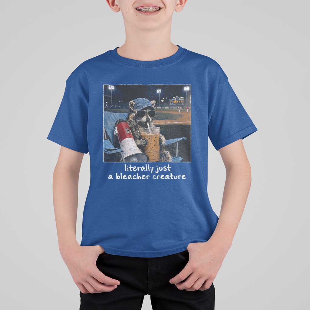 Baseball Raccoon Literally Just a Bleacher Creature T Shirt For Kid Funny Trash Panda Drinking Iced Coffee Ballfield