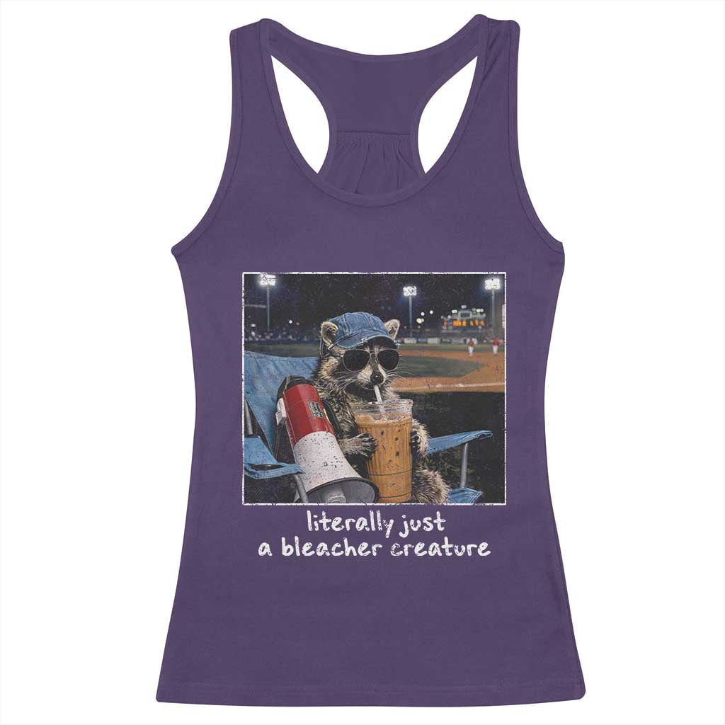 Baseball Raccoon Literally Just a Bleacher Creature Racerback Tank Top Funny Trash Panda Drinking Iced Coffee Ballfield
