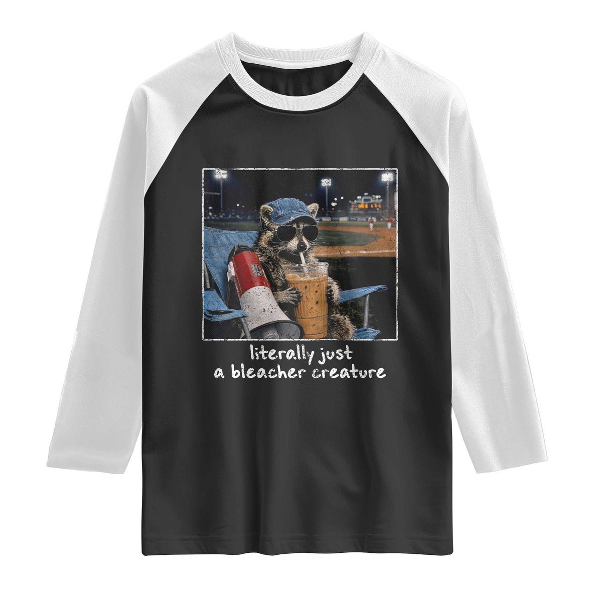Baseball Raccoon Literally Just a Bleacher Creature Raglan Shirt Funny Trash Panda Drinking Iced Coffee Ballfield