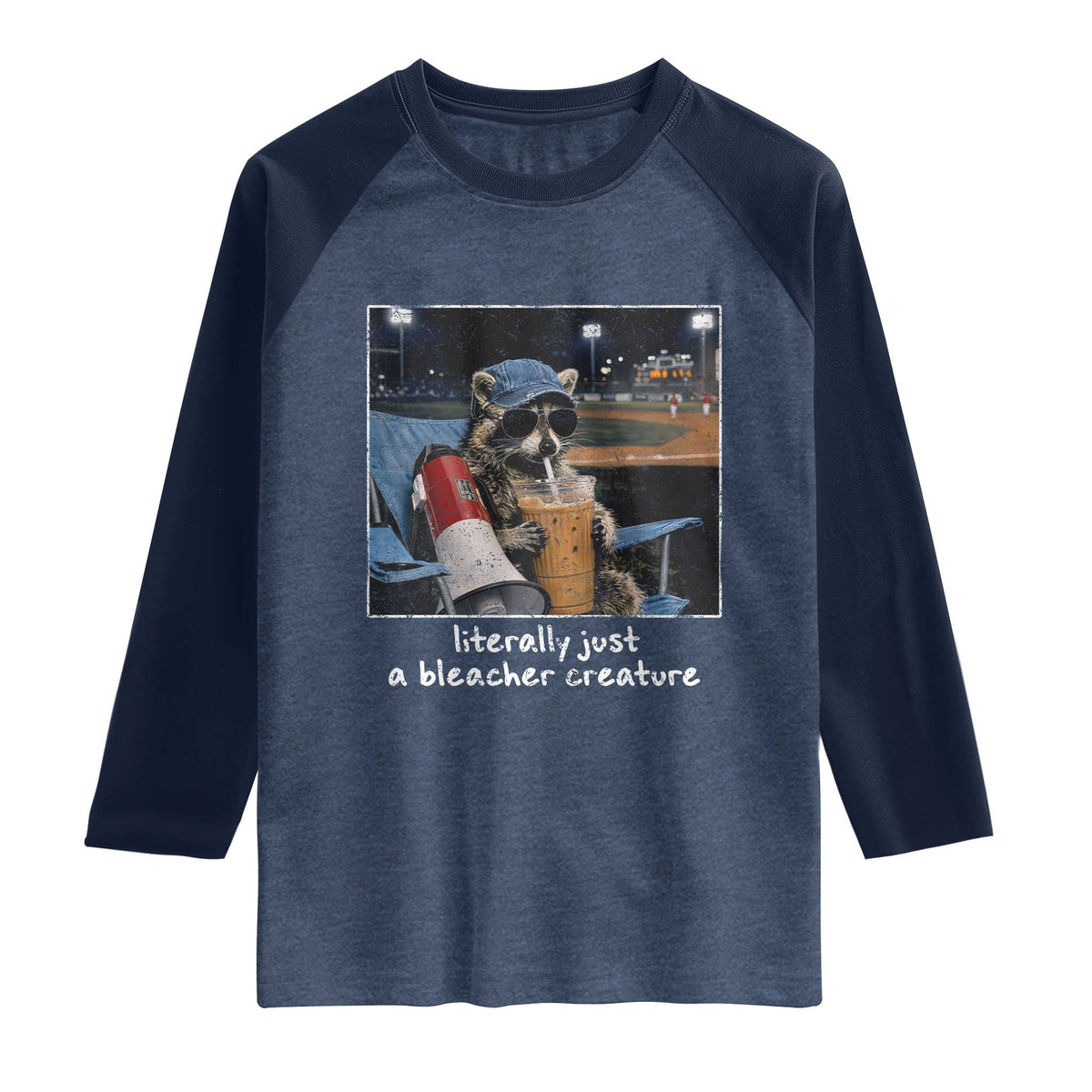 Baseball Raccoon Literally Just a Bleacher Creature Raglan Shirt Funny Trash Panda Drinking Iced Coffee Ballfield