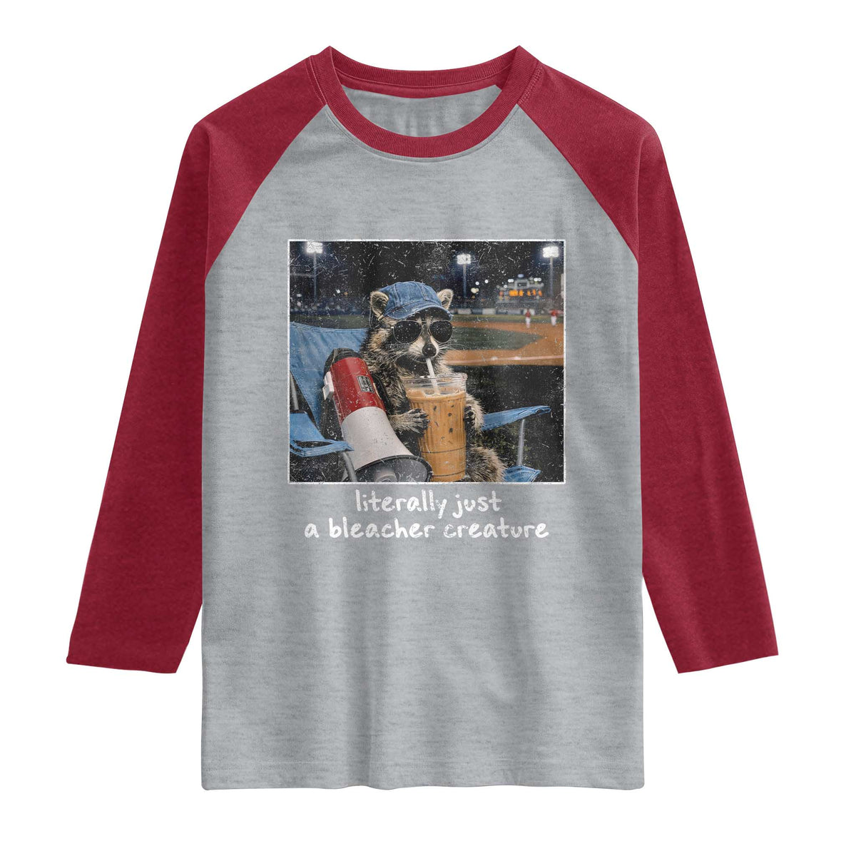 Baseball Raccoon Literally Just a Bleacher Creature Raglan Shirt Funny Trash Panda Drinking Iced Coffee Ballfield
