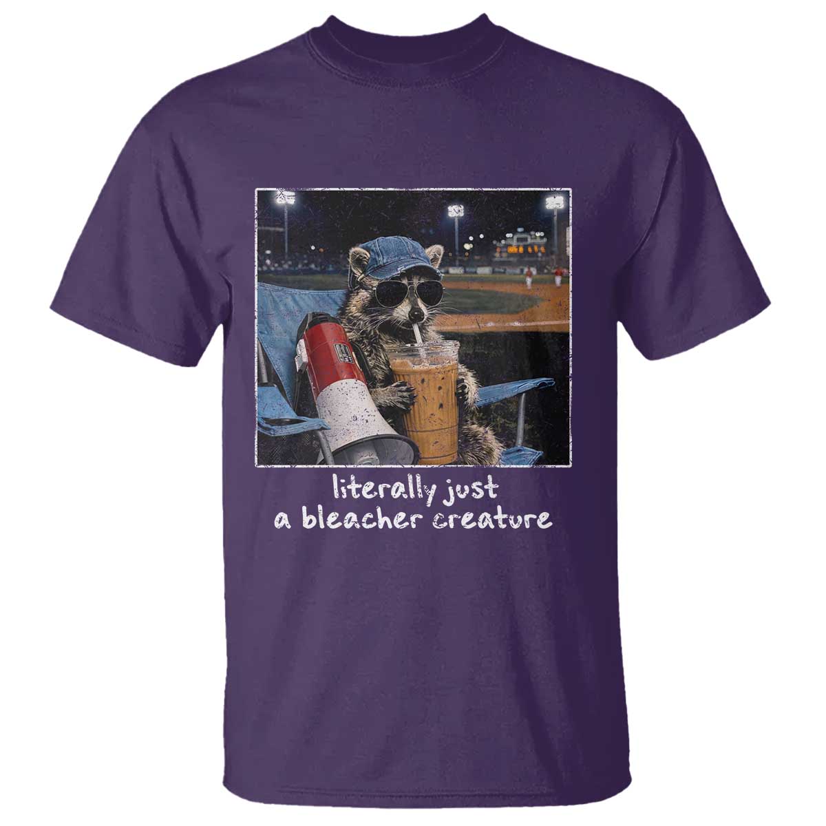 Baseball Raccoon Literally Just a Bleacher Creature T Shirt Funny Trash Panda Drinking Iced Coffee Ballfield