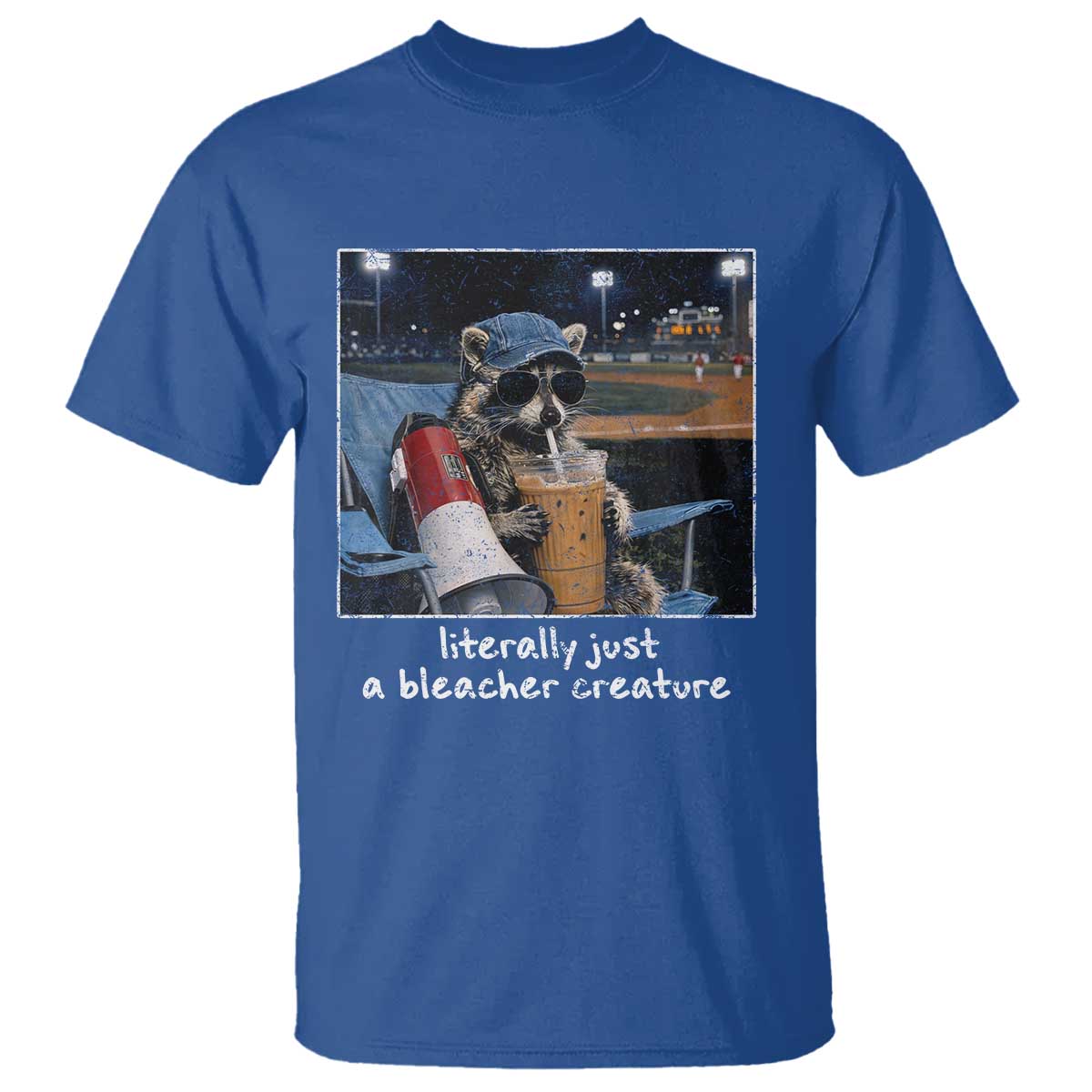 Baseball Raccoon Literally Just a Bleacher Creature T Shirt Funny Trash Panda Drinking Iced Coffee Ballfield