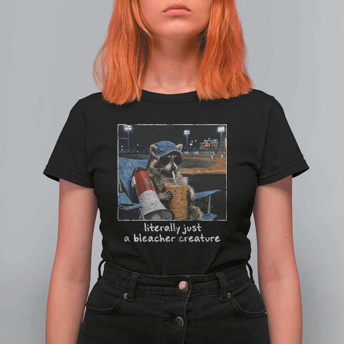 Baseball Raccoon Literally Just a Bleacher Creature T Shirt For Women Funny Trash Panda Drinking Iced Coffee Ballfield