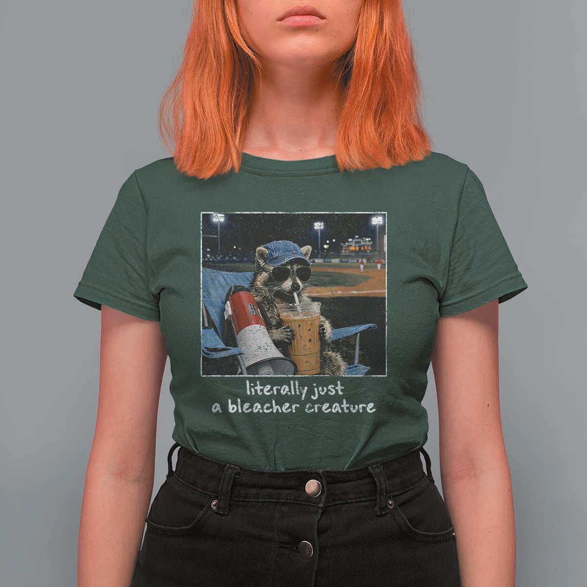 Baseball Raccoon Literally Just a Bleacher Creature T Shirt For Women Funny Trash Panda Drinking Iced Coffee Ballfield