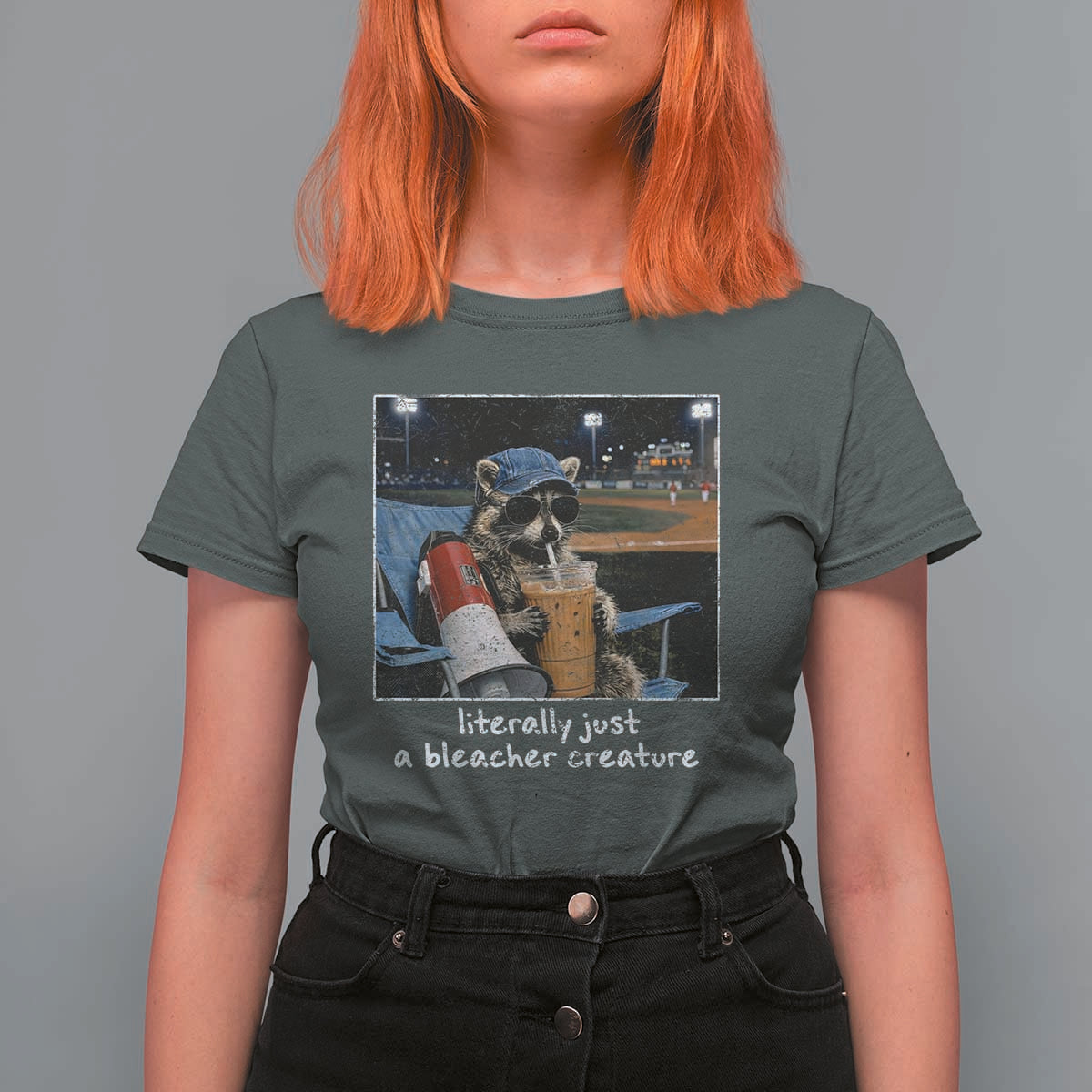 Baseball Raccoon Literally Just a Bleacher Creature T Shirt For Women Funny Trash Panda Drinking Iced Coffee Ballfield