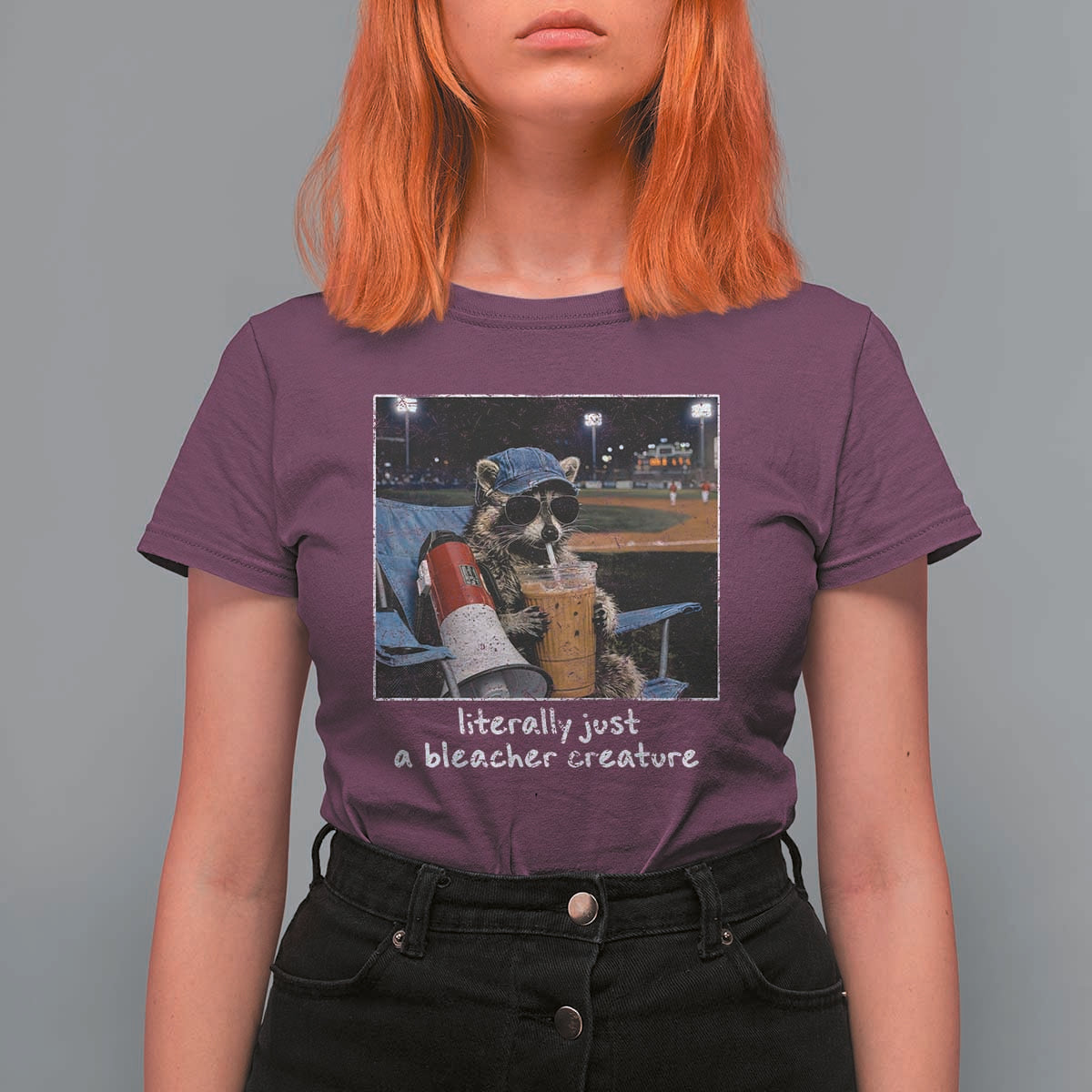Baseball Raccoon Literally Just a Bleacher Creature T Shirt For Women Funny Trash Panda Drinking Iced Coffee Ballfield