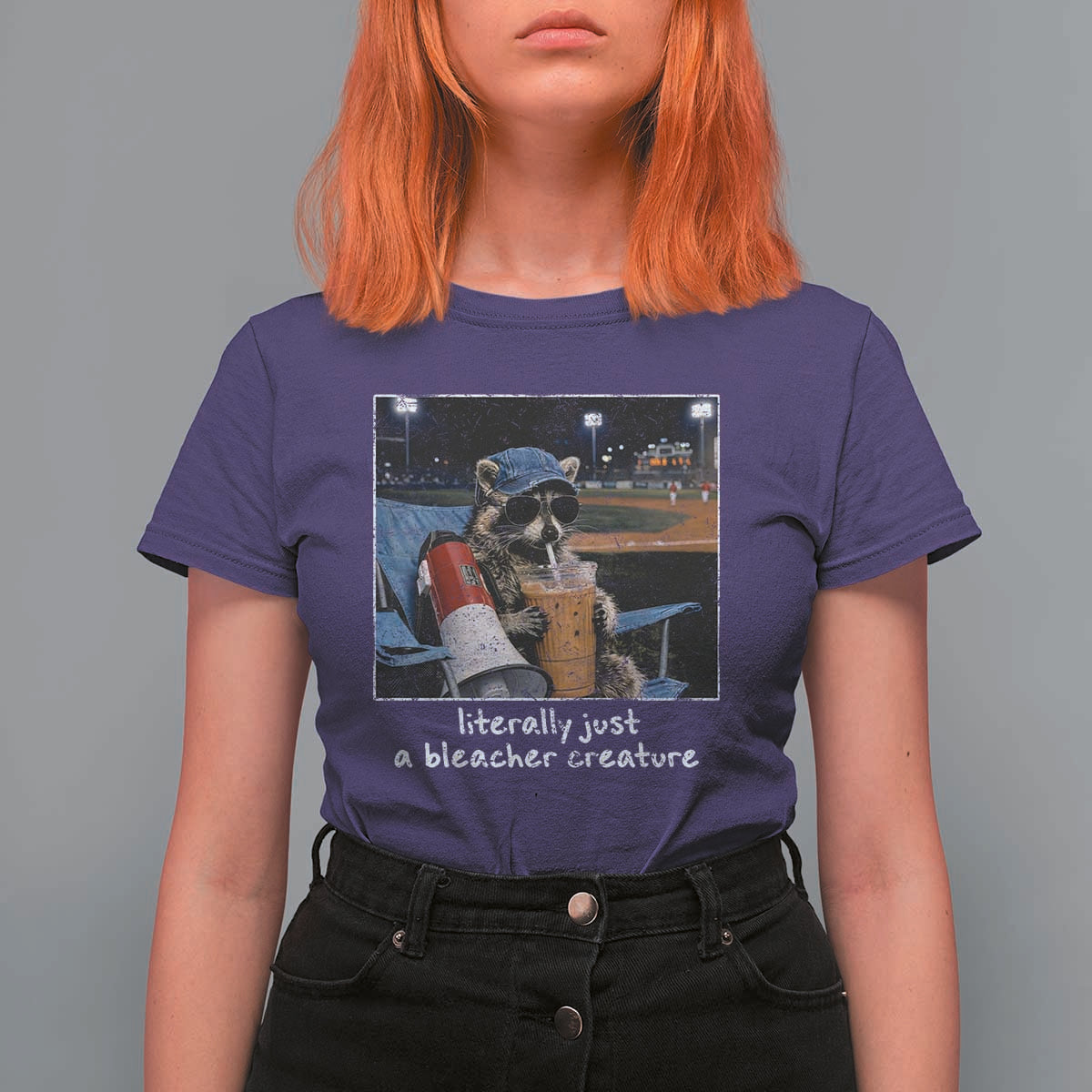 Baseball Raccoon Literally Just a Bleacher Creature T Shirt For Women Funny Trash Panda Drinking Iced Coffee Ballfield