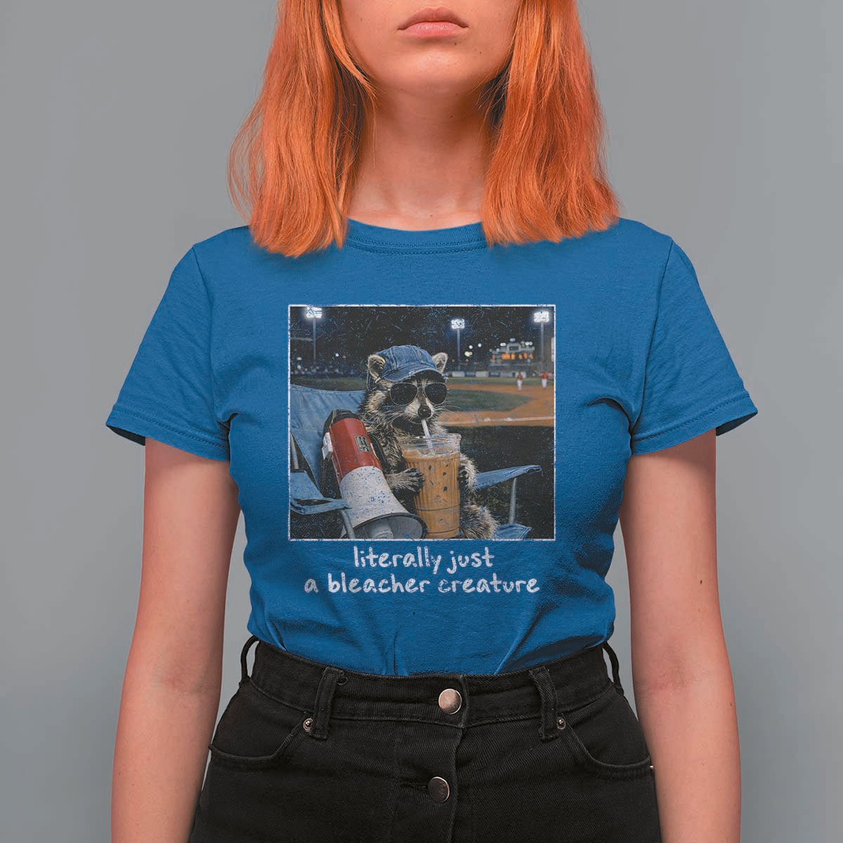 Baseball Raccoon Literally Just a Bleacher Creature T Shirt For Women Funny Trash Panda Drinking Iced Coffee Ballfield