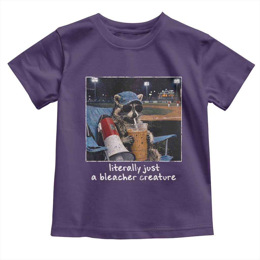Baseball Raccoon Literally Just a Bleacher Creature Toddler T Shirt Funny Trash Panda Drinking Iced Coffee Ballfield