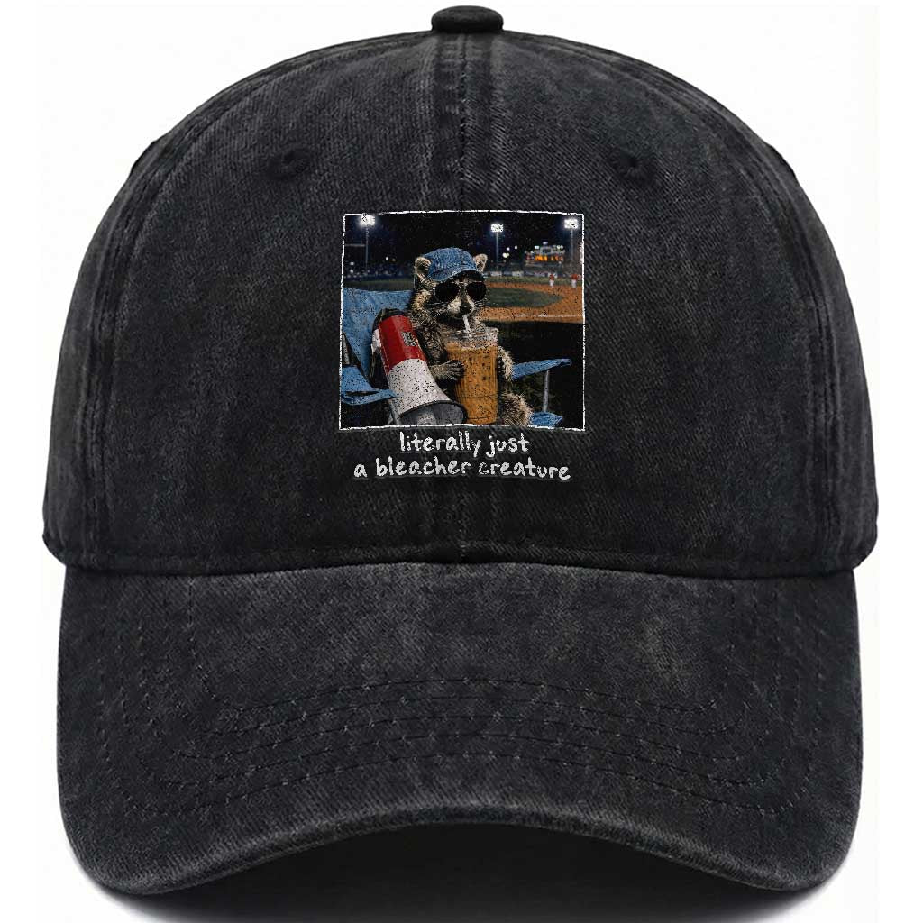 Baseball Raccoon Literally Just a Bleacher Creature Washed Cotton Baseball Cap Funny Trash Panda Drinking Iced Coffee Ballfield