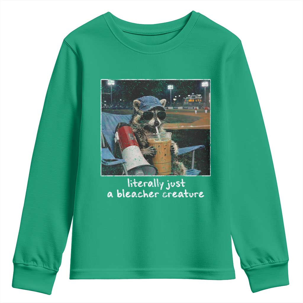 Baseball Raccoon Literally Just a Bleacher Creature Youth Sweatshirt Funny Trash Panda Drinking Iced Coffee Ballfield