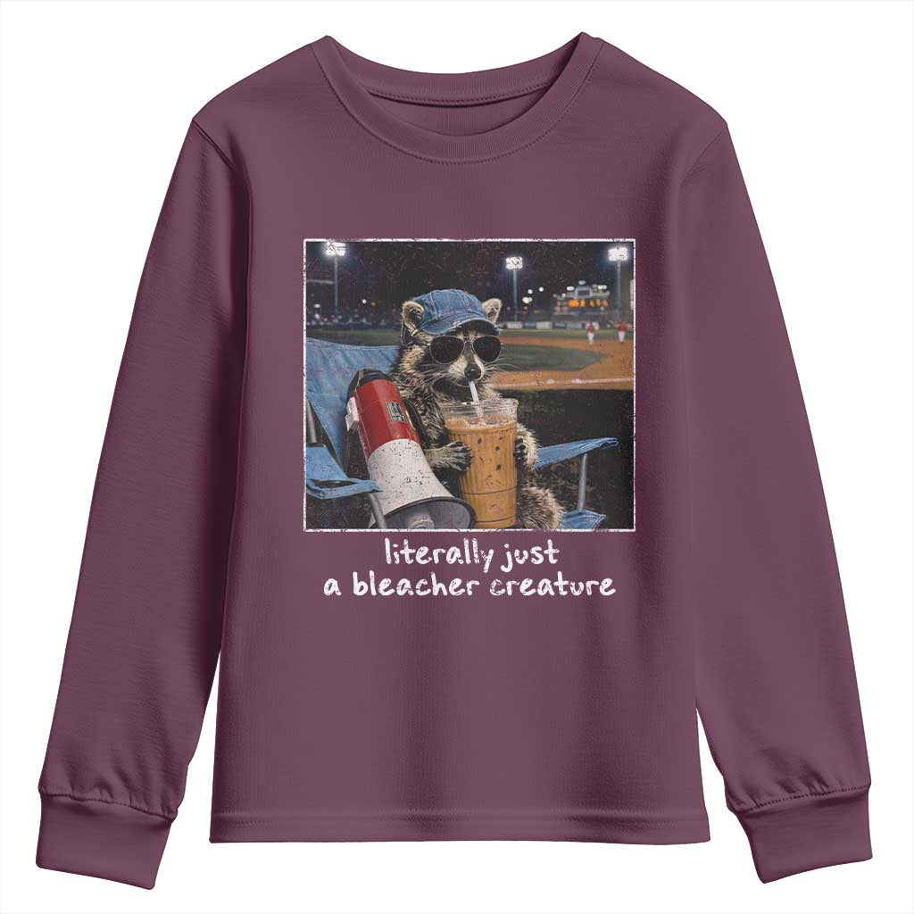 Baseball Raccoon Literally Just a Bleacher Creature Youth Sweatshirt Funny Trash Panda Drinking Iced Coffee Ballfield