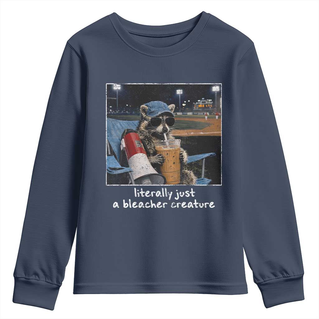 Baseball Raccoon Literally Just a Bleacher Creature Youth Sweatshirt Funny Trash Panda Drinking Iced Coffee Ballfield