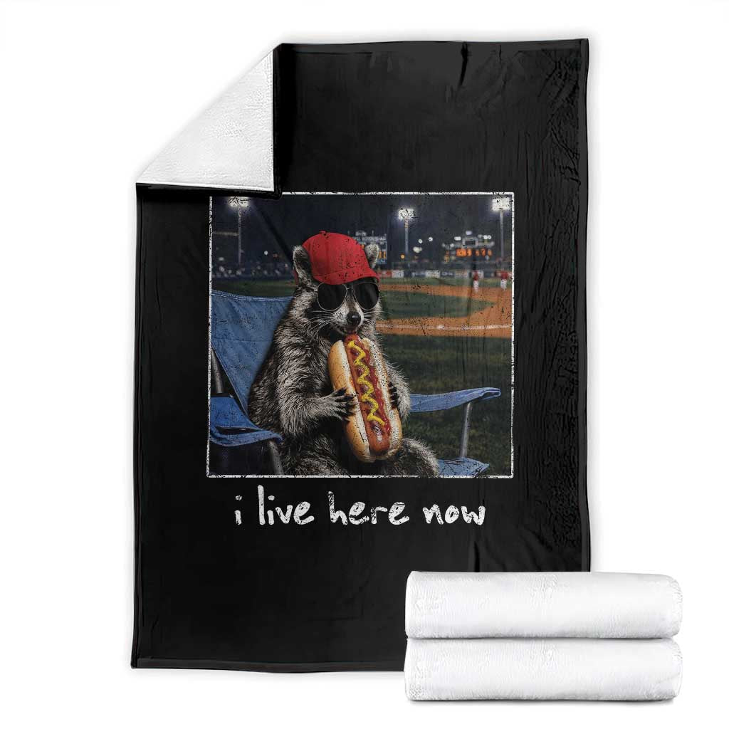 Baseball Raccoon I Live Here Now Throw Blanket Funny Trash Panda Eating Hot Dog Ballfield