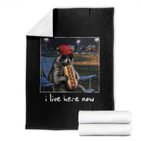 Baseball Raccoon I Live Here Now Throw Blanket Funny Trash Panda Eating Hot Dog Ballfield