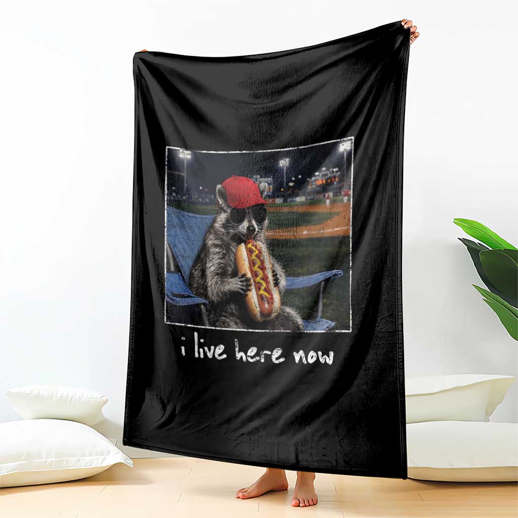 Baseball Raccoon I Live Here Now Throw Blanket Funny Trash Panda Eating Hot Dog Ballfield