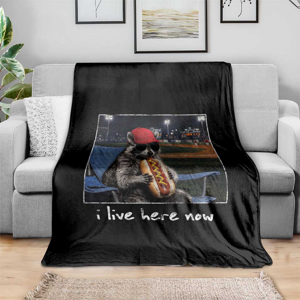Baseball Raccoon I Live Here Now Throw Blanket Funny Trash Panda Eating Hot Dog Ballfield